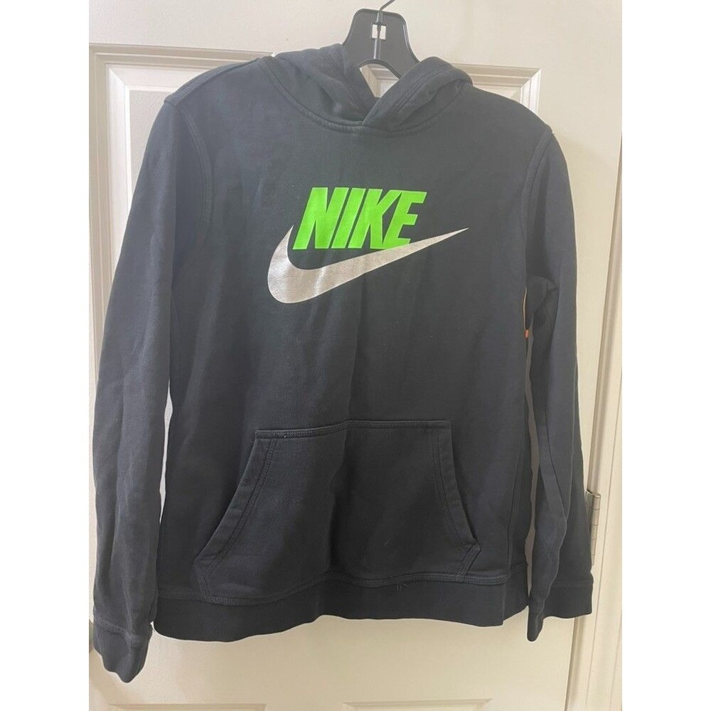Nike Sportswear Signature Logo Youth Black Hoodie Silver/Green Logo Size XL